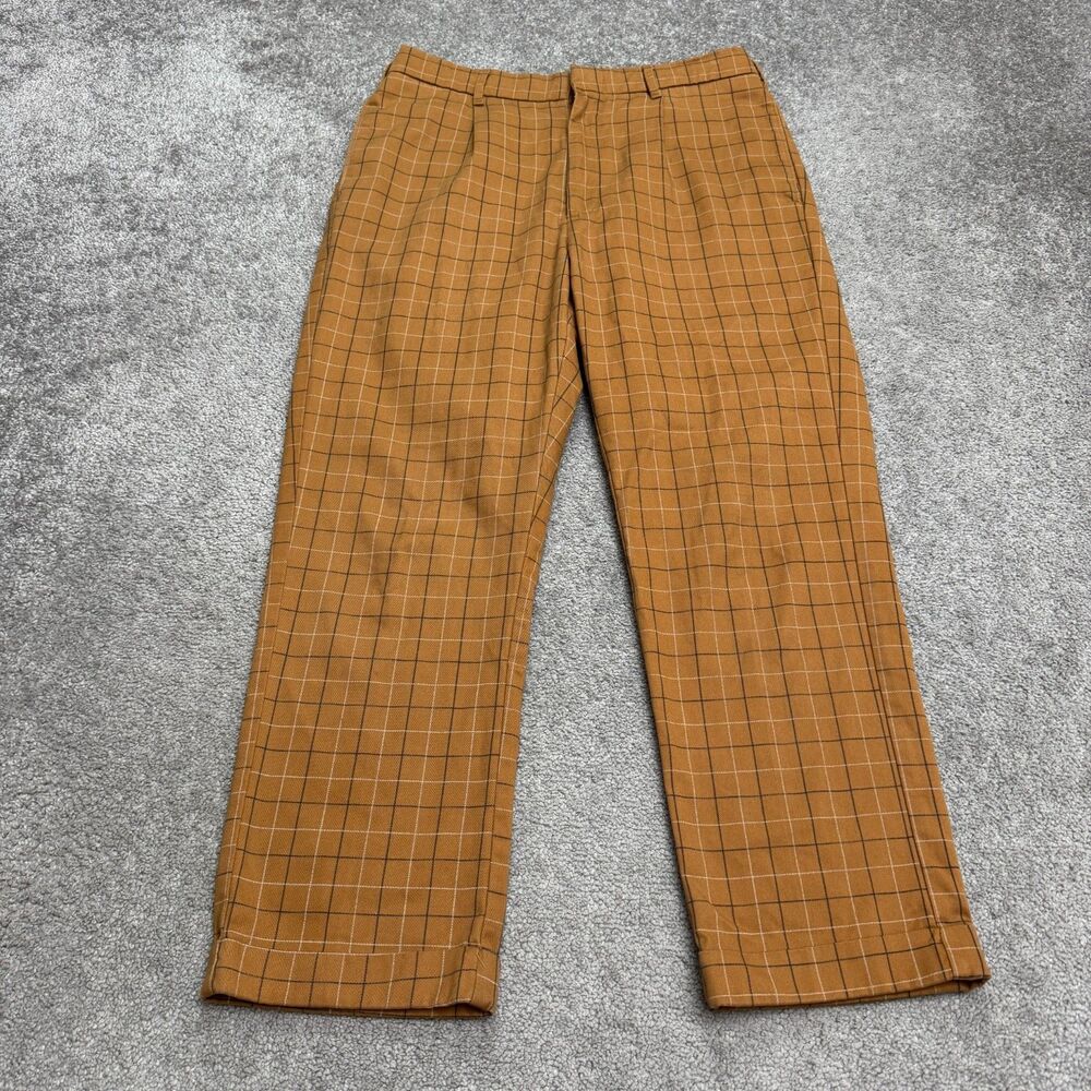 Brixton Regent Relaxed Fit Dress Pants Mens 31 Mustard Plaid Pleated Cuffed Work